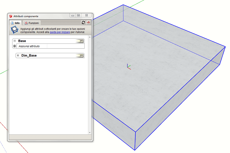 Figura 4 - Componenti dinamici in Sketchup - La finestra attributi componente con la vista dei due componenti in cui Dim_Base è annidato.