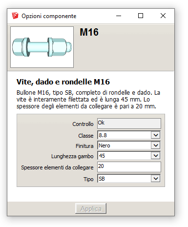 Figura 2 - La finestra opzioni del componente selezionato.